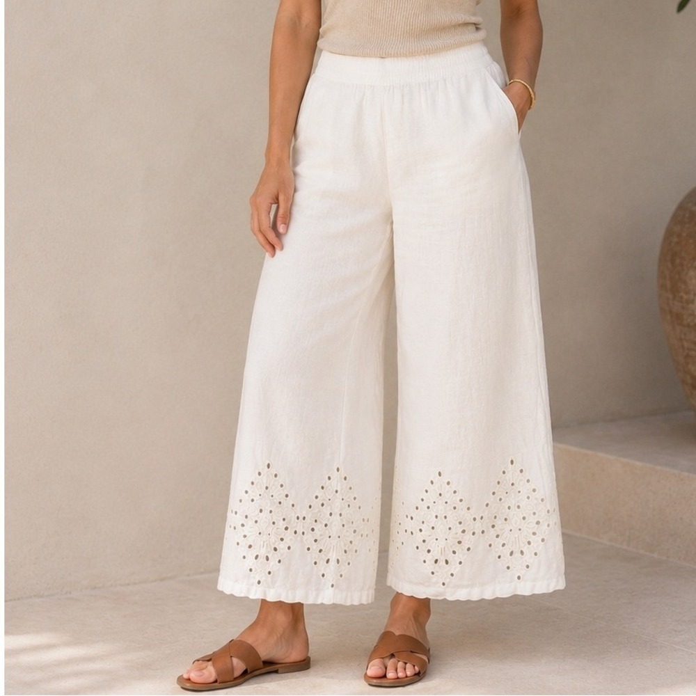 Cynthia Rowley White 100% Linen Eyelet Embroidered Cropped Wide Leg Pants M